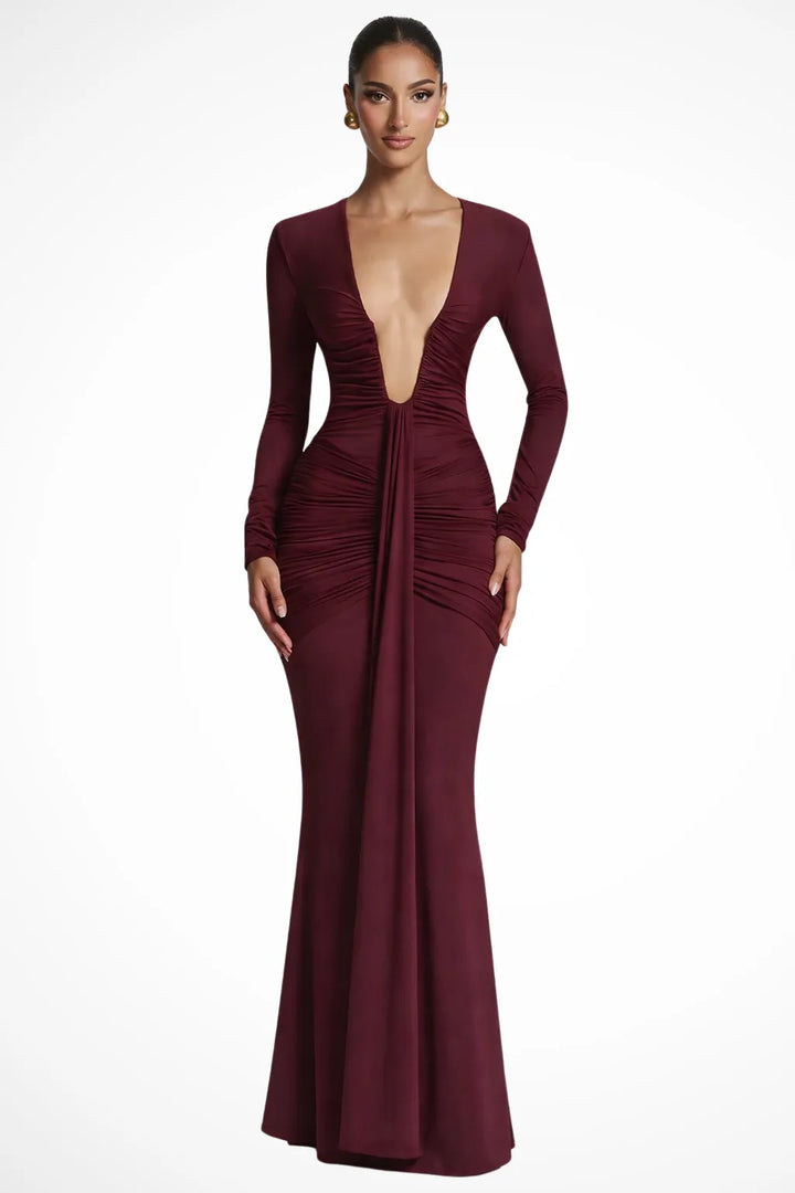Trin | Deep V Ruched Gown