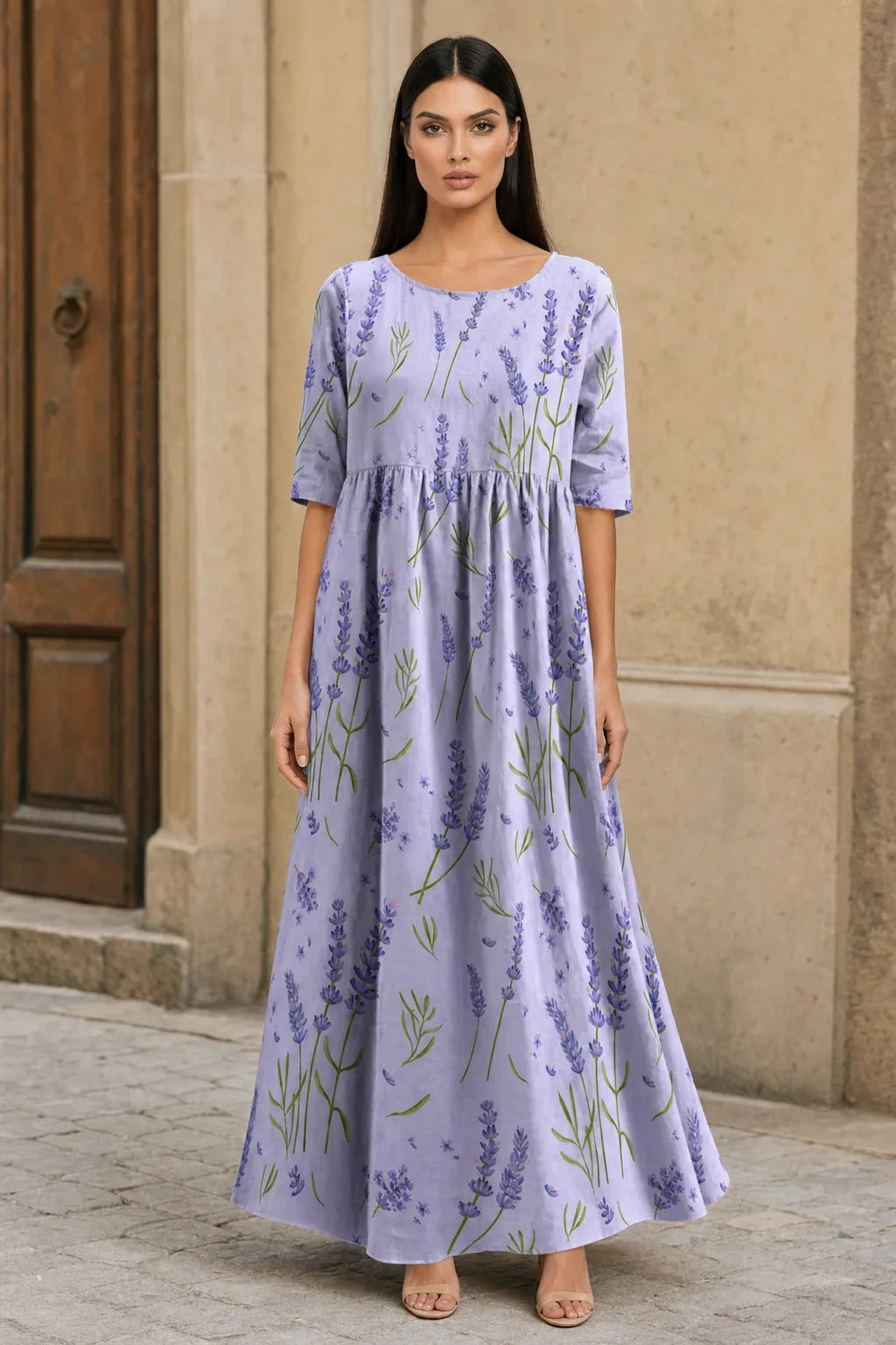 Lavender floral midi dress on model in contrapposto stance