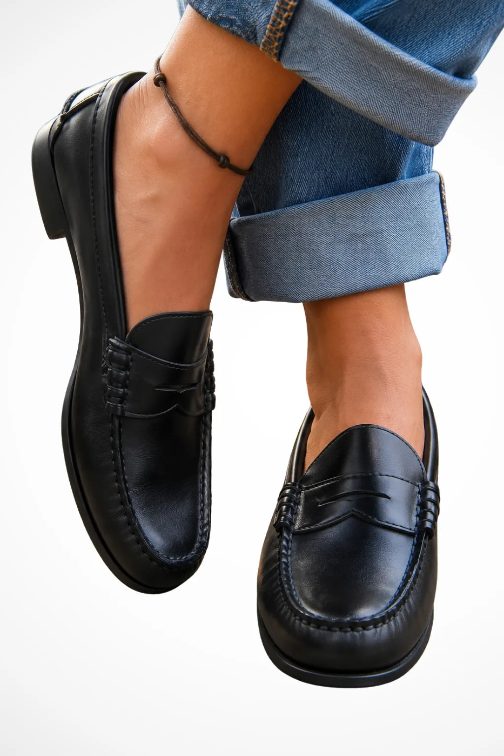 Black penny leather loafer, front view