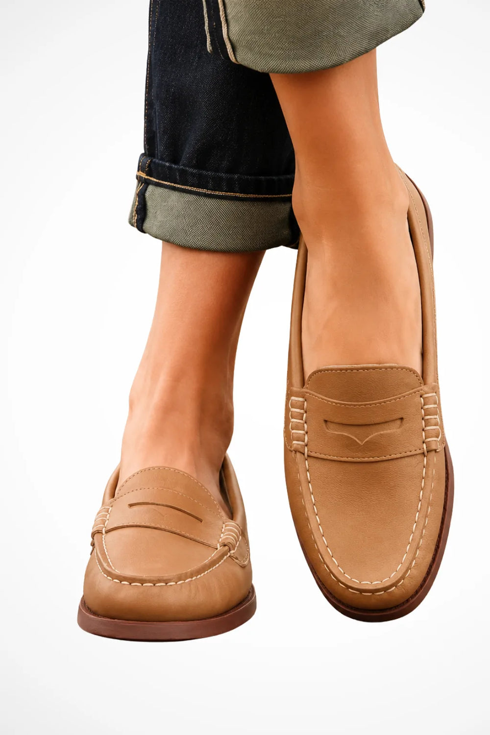 Khaki penny leather loafer, front view