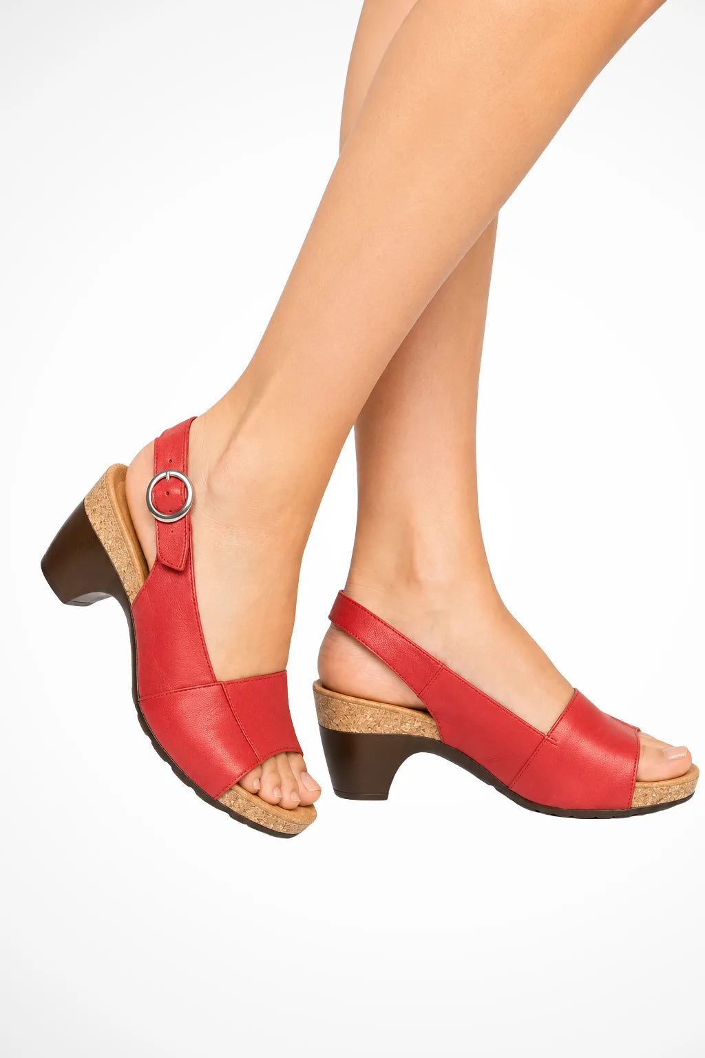 Red cork block heel slingback sandal, front view