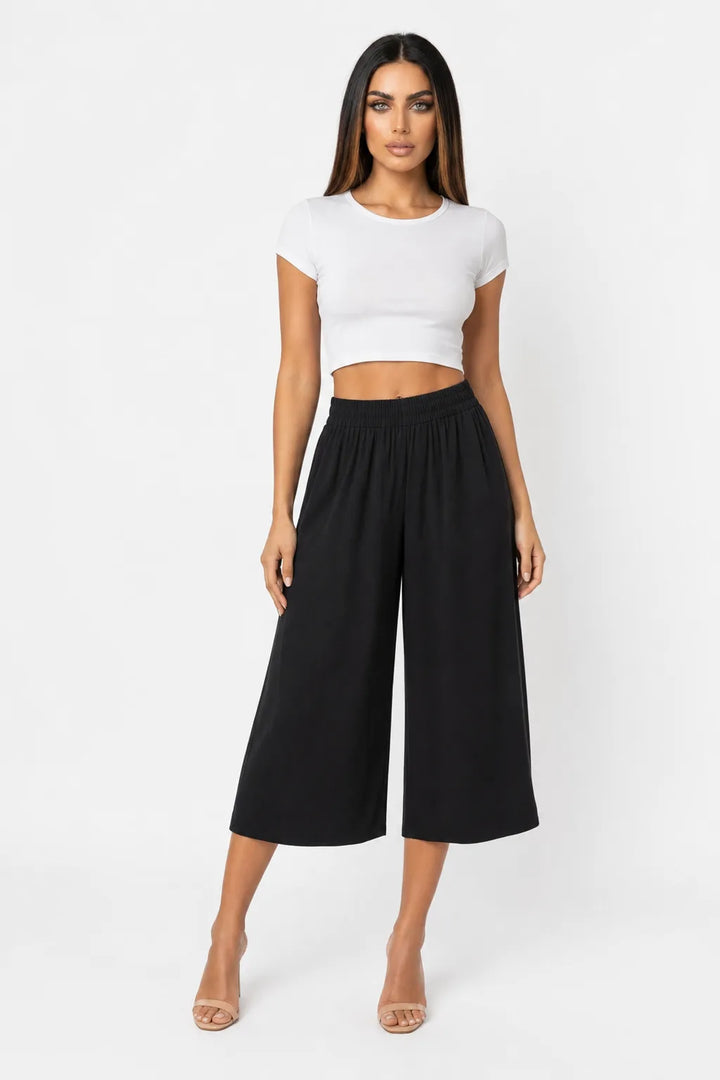 Black cropped wide-leg culottes on a model in a contrapposto stance
