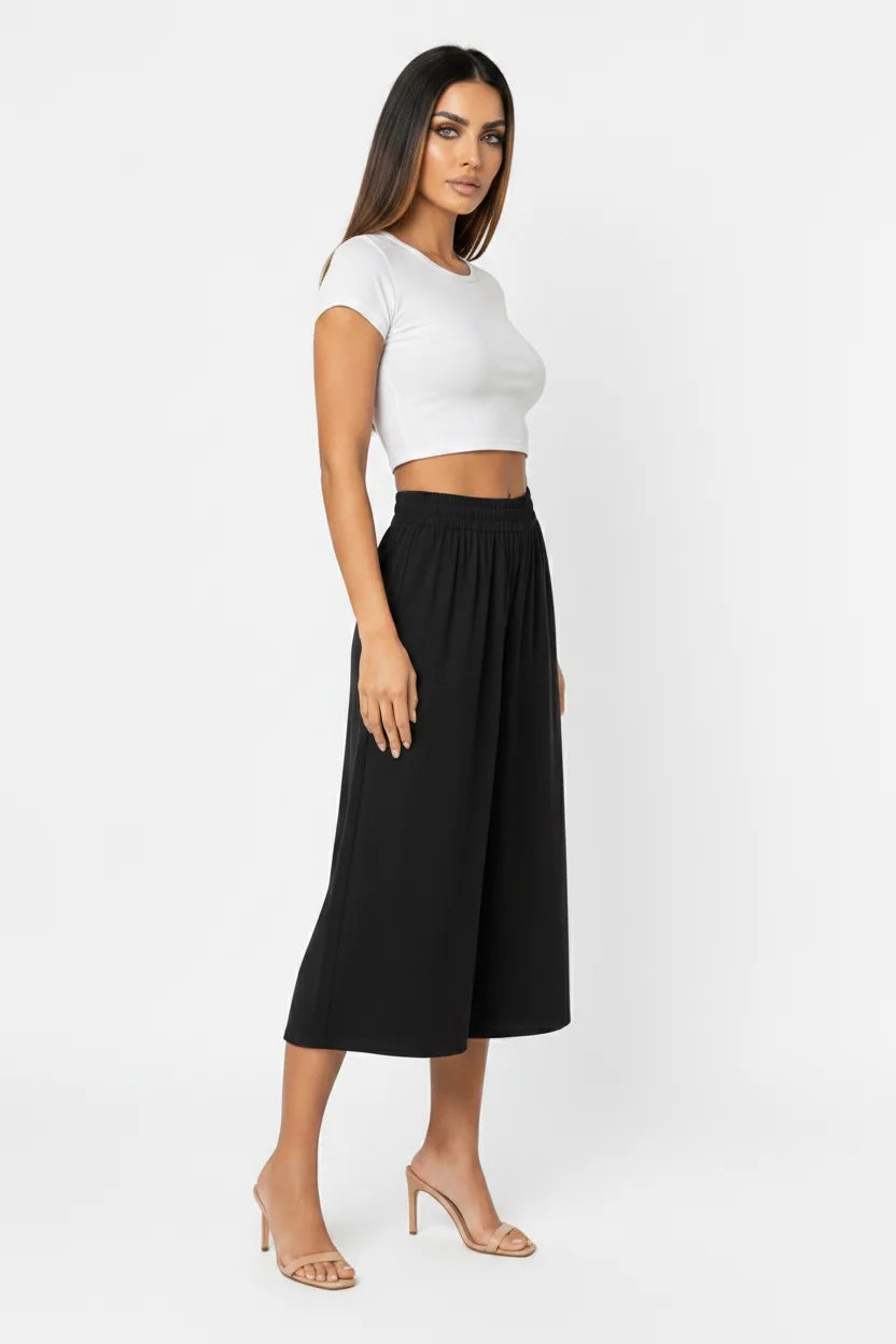 Black cropped wide-leg culottes on a model in a three-quarter turn