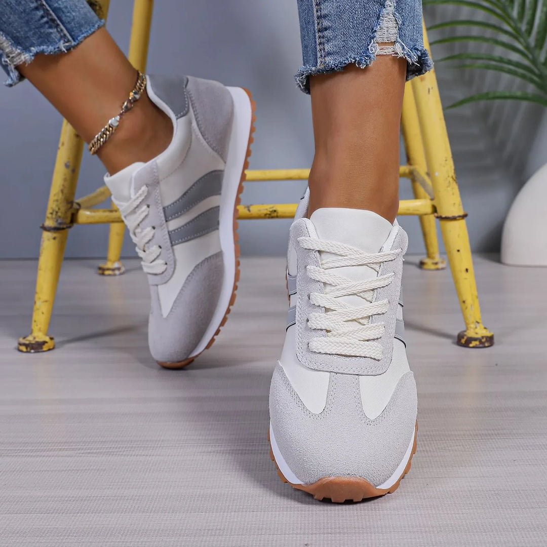 Gray retro runner sneaker, heel view