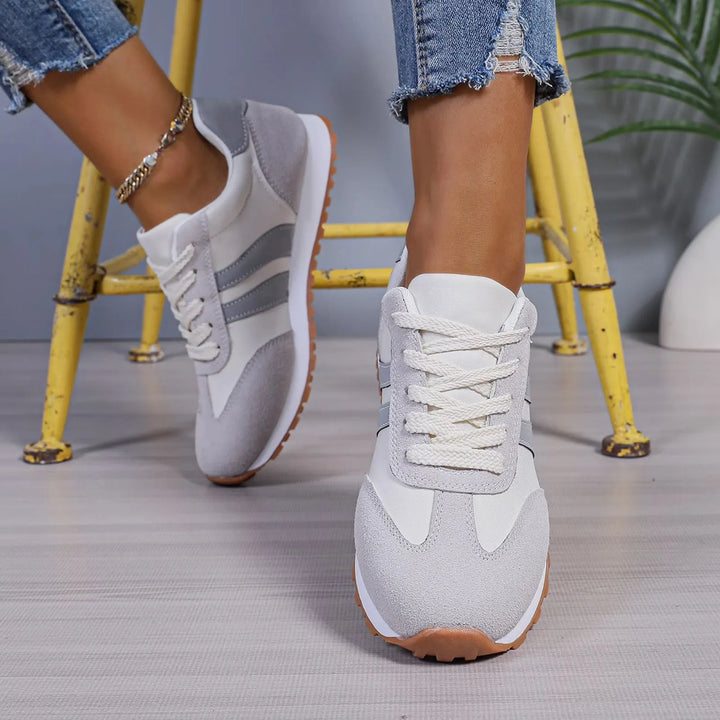 Gray retro runner sneaker, heel view