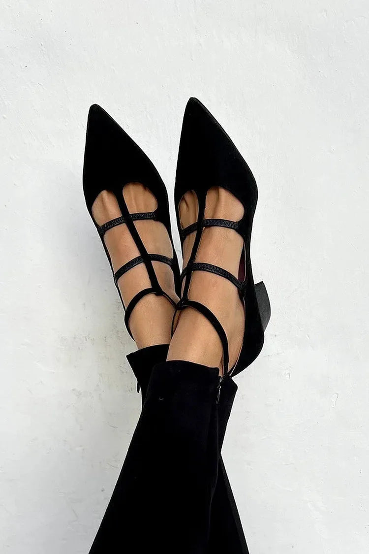 Black strappy block heel pump, front view