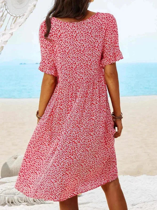 Navy blue floral smock dress, alternate full-length view