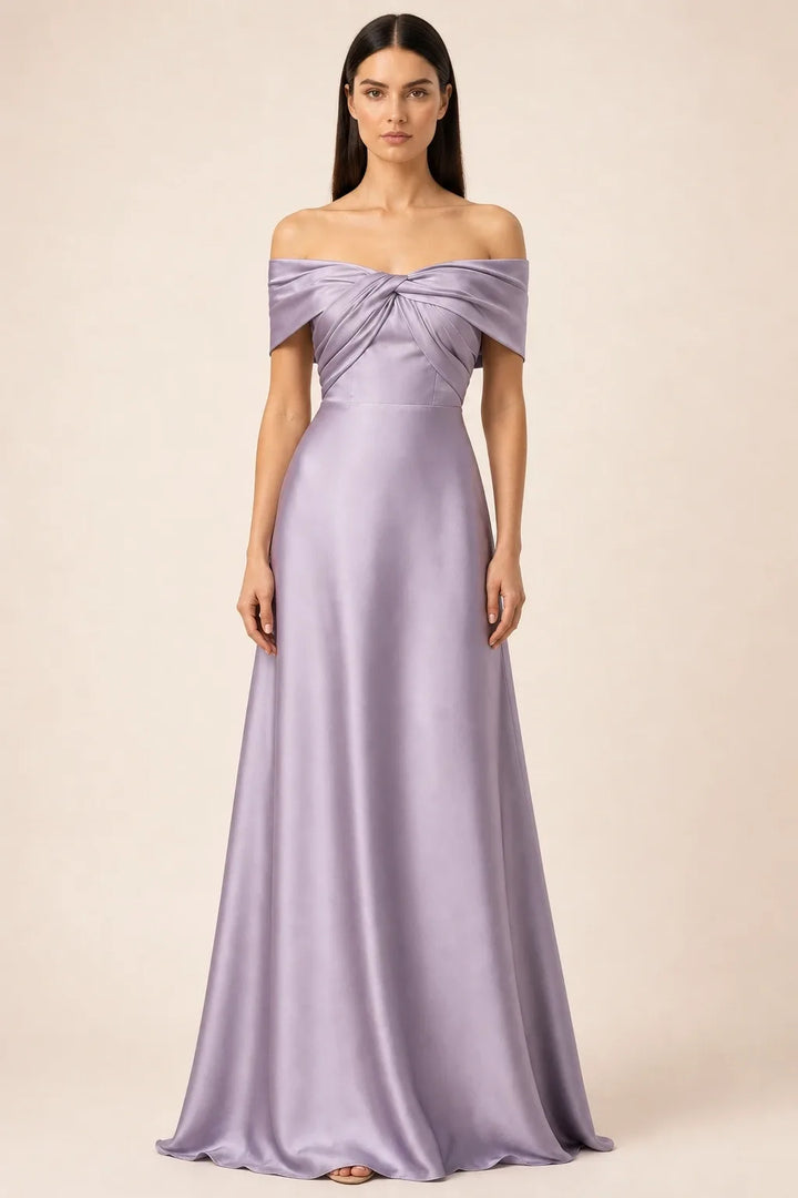 Woman in purple off-shoulder satin gown, weight shifted to one hip in contrapposto stance