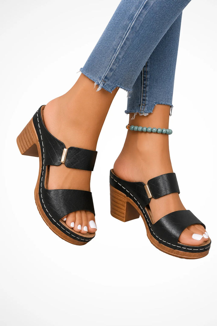 Black quilted block heel sandal, front view