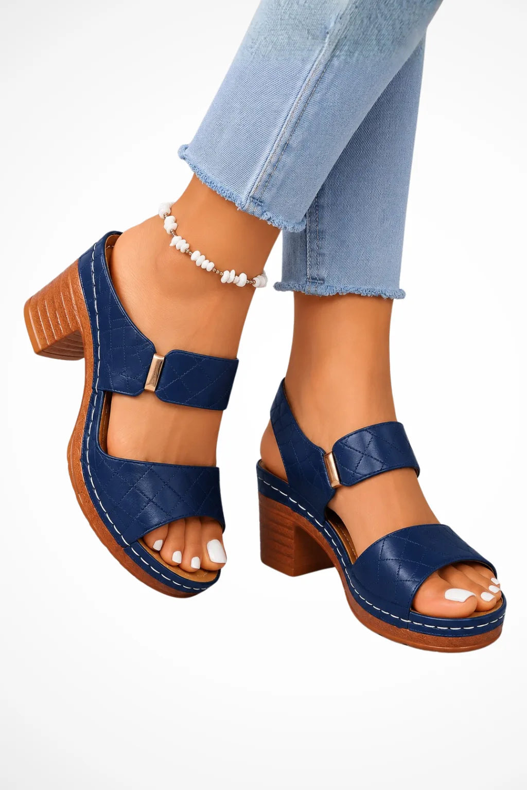 Blue quilted block heel sandal, front view