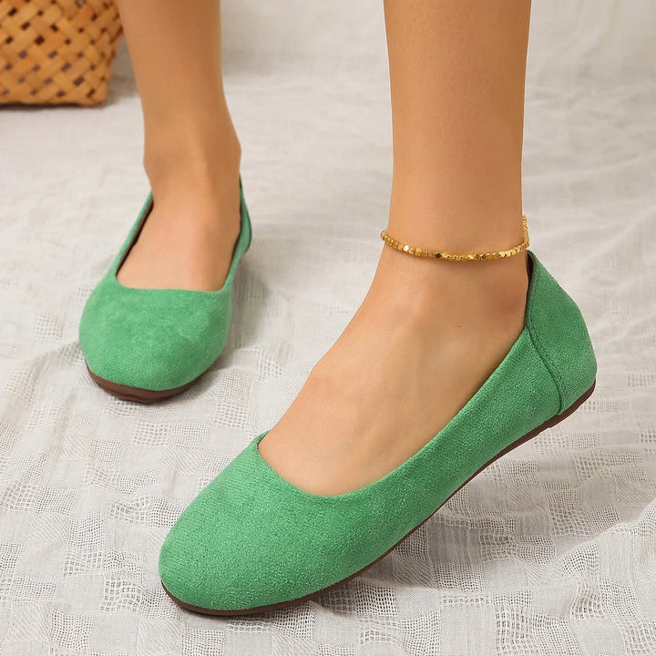 Green round toe ballet flat, front view