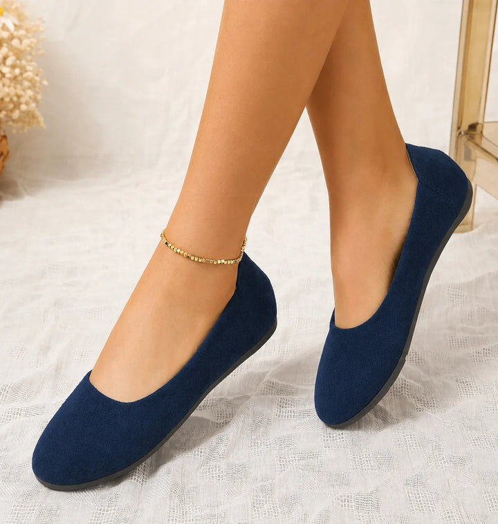 Royal blue round toe ballet flat, close-up detail view