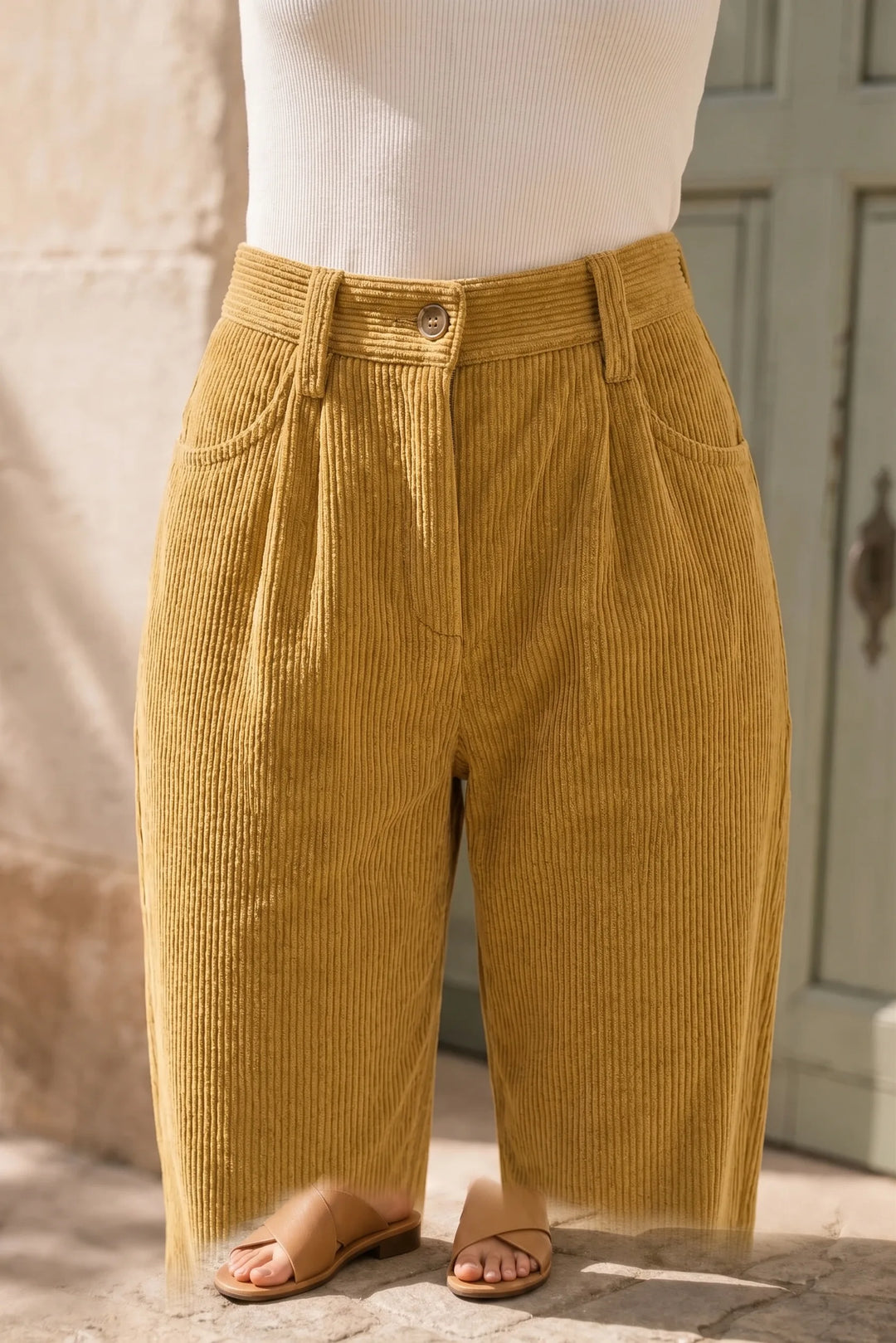 Close-up detail of yellow pleated corduroy pants showing texture and pleats