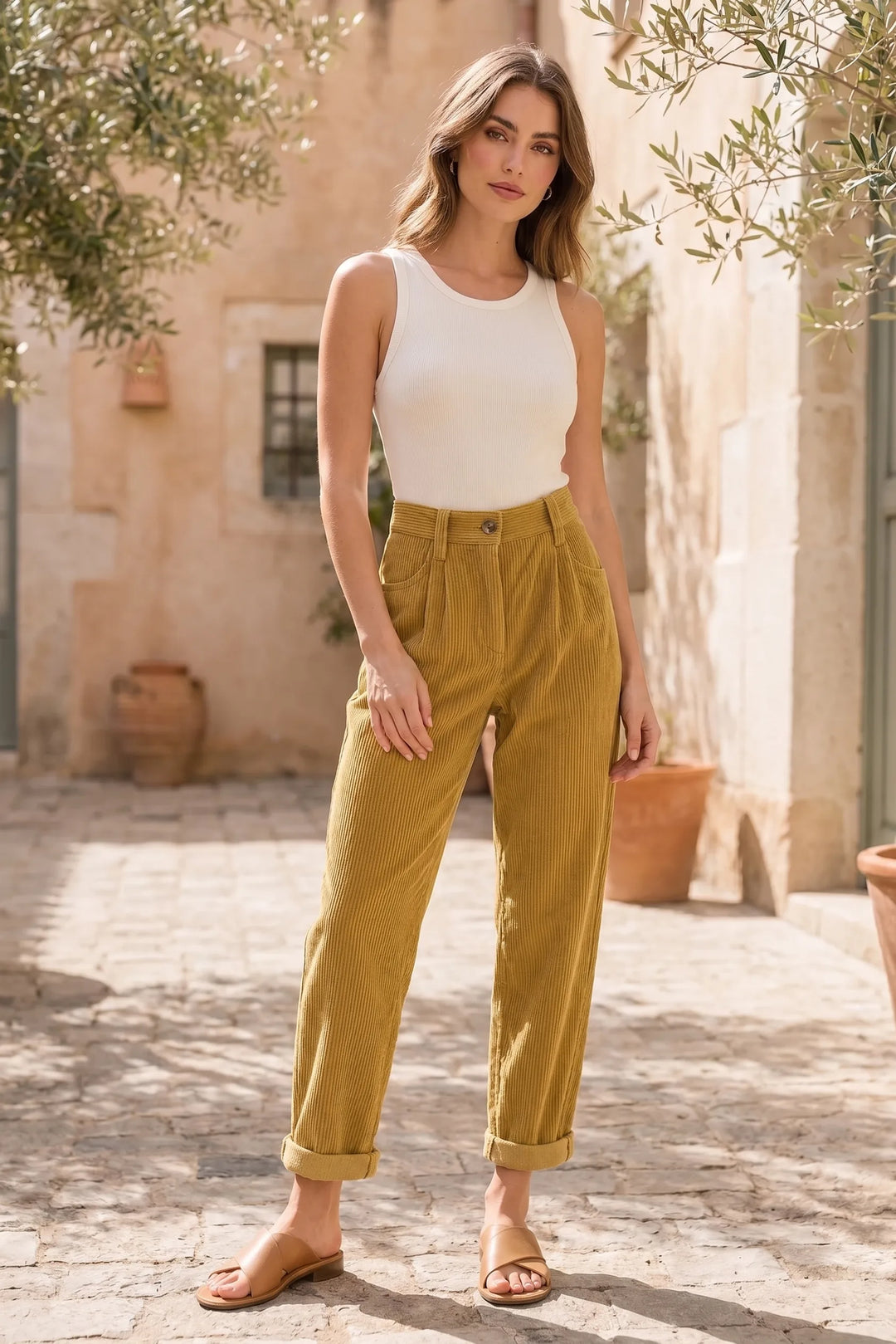 Model wearing yellow pleated corduroy pants in a lifestyle setting