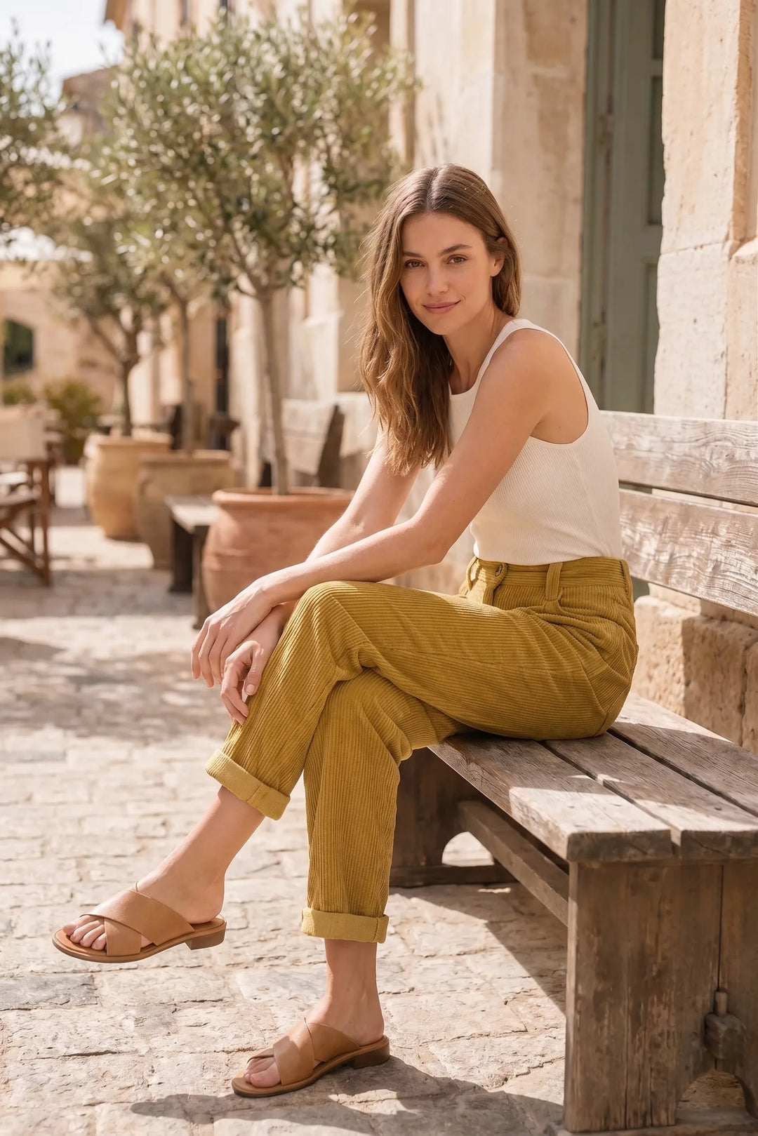 Model wearing yellow pleated corduroy pants in an outdoor lifestyle setting