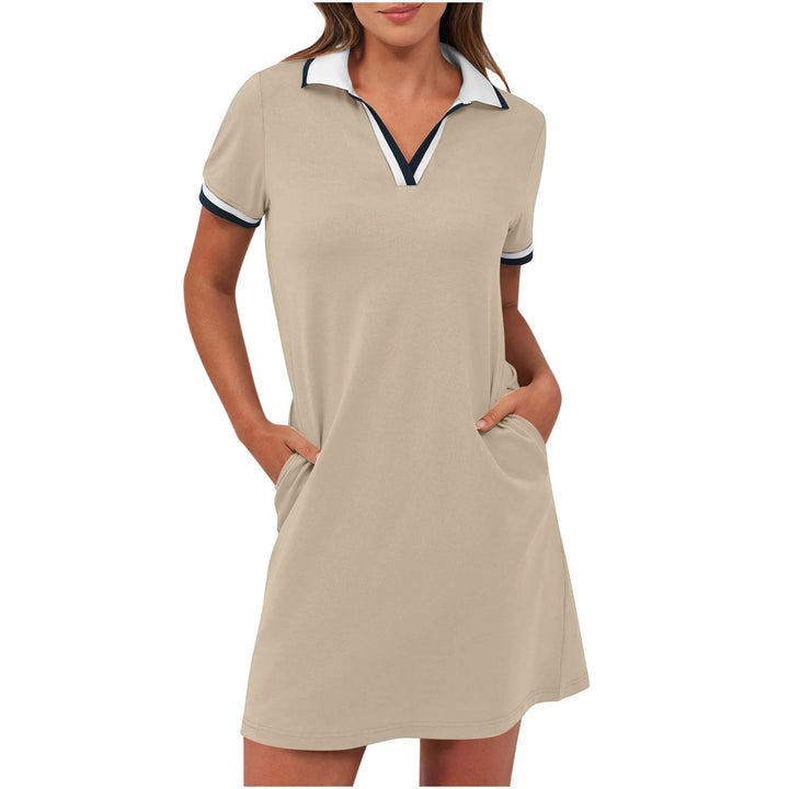 Apricot polo collar mini dress on model, front view