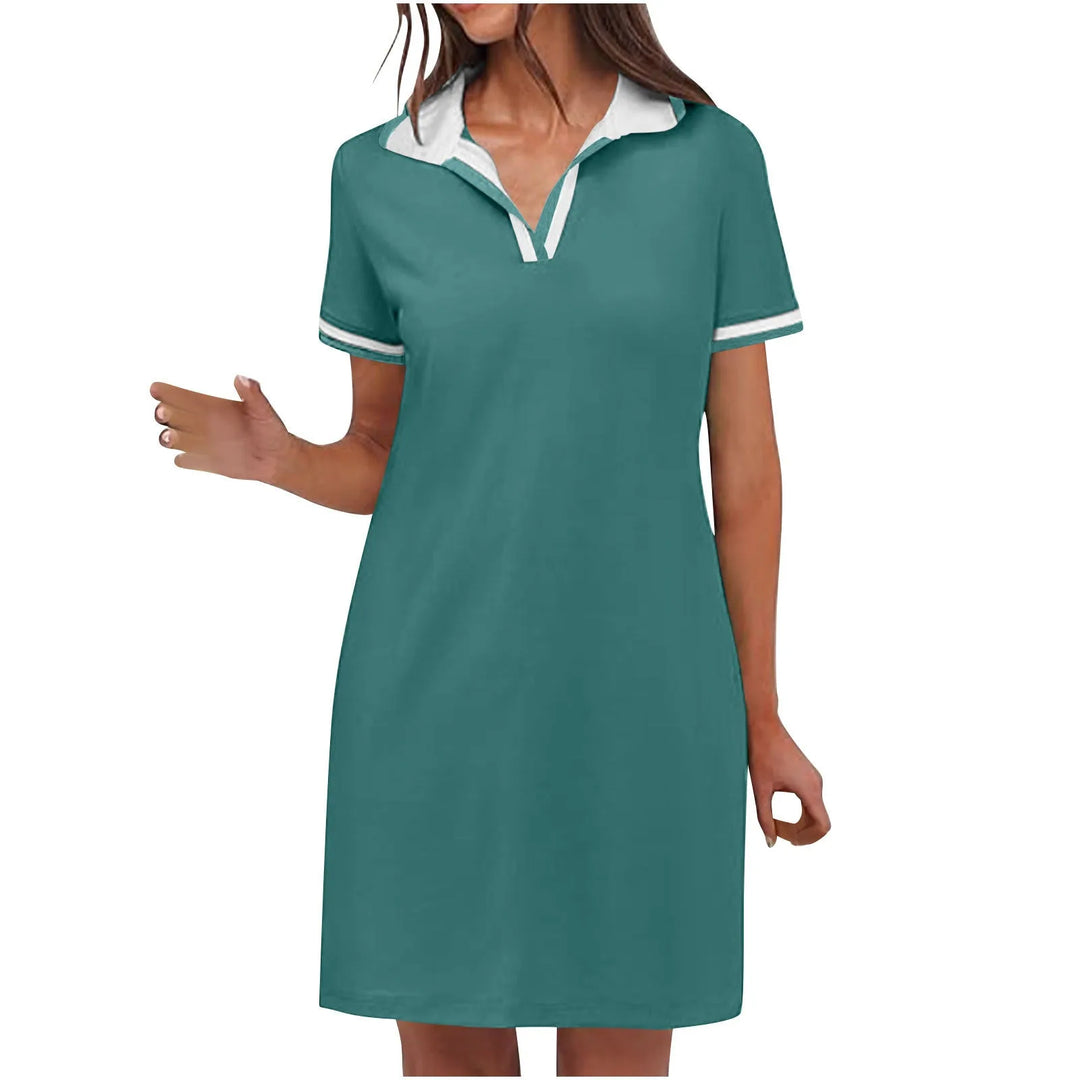 Dark green polo collar mini dress, close-up collar and button detail