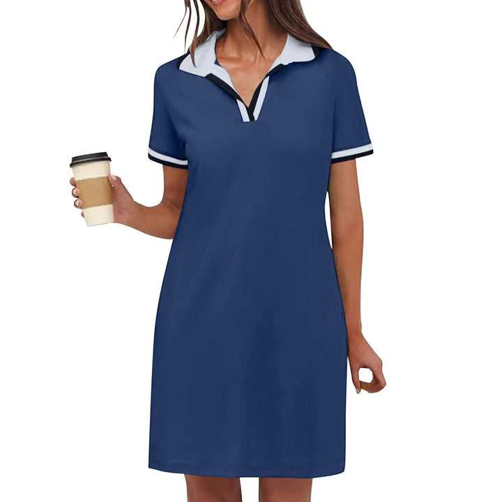 Navy blue polo collar mini dress on model