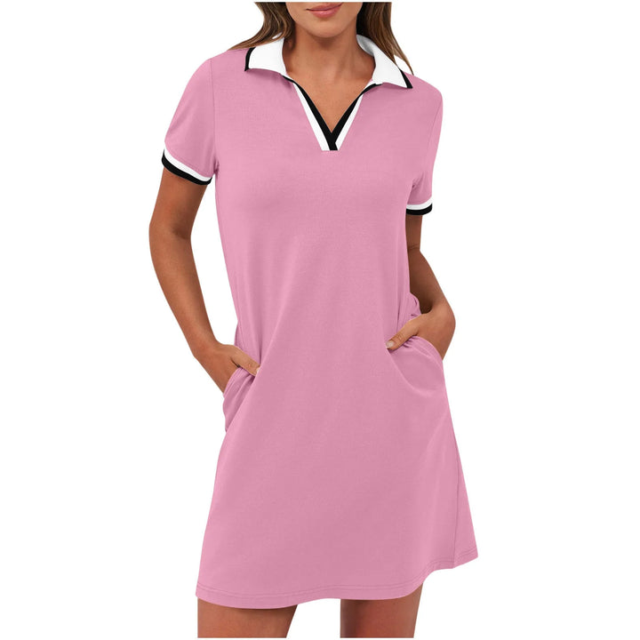 Pink polo collar mini dress on model