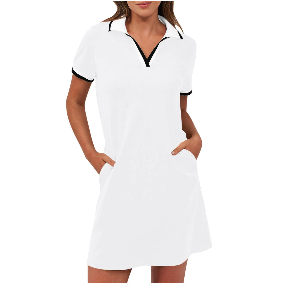 White polo collar mini dress on model