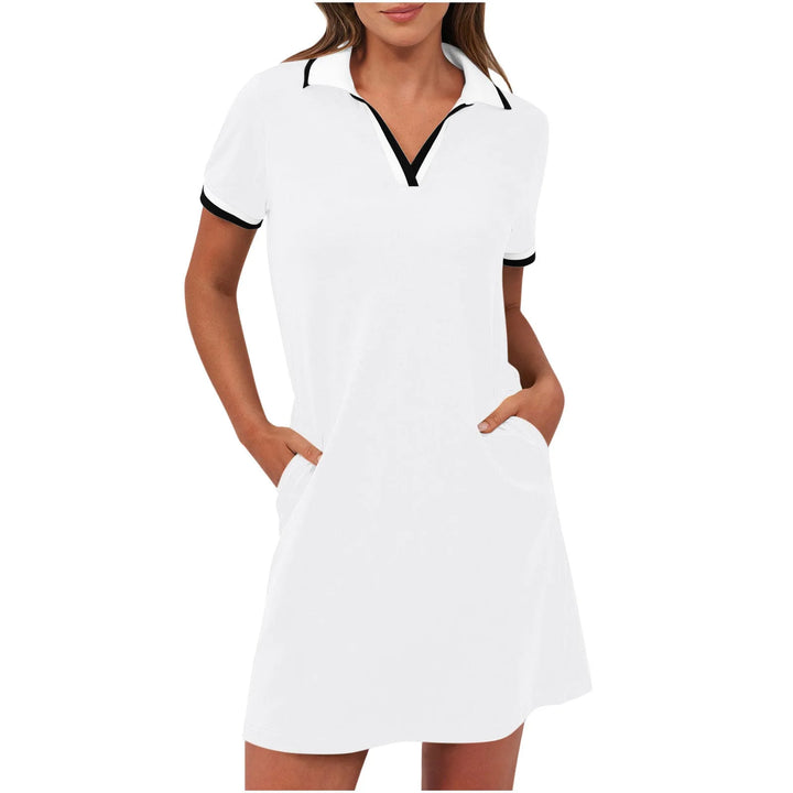 White polo collar mini dress on model