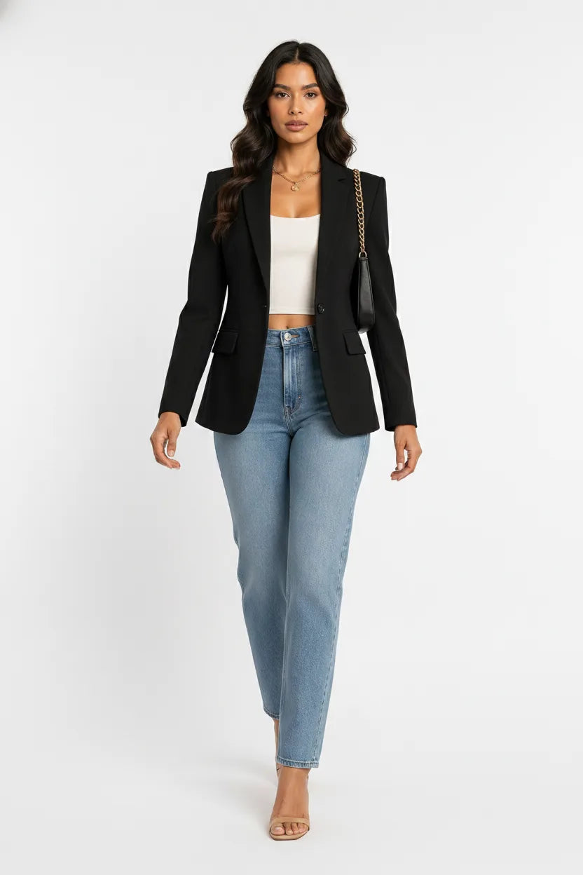 Black tailored notch lapel blazer on a model in natural movement