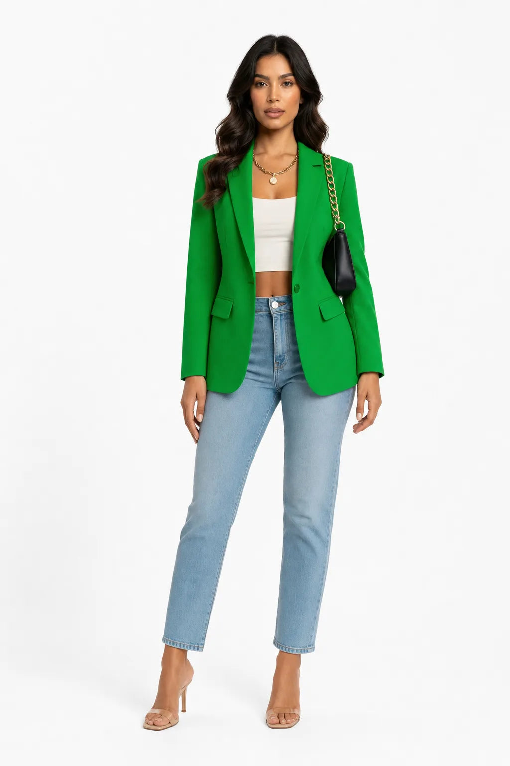 Green tailored notch lapel blazer on a model in a contrapposto stance