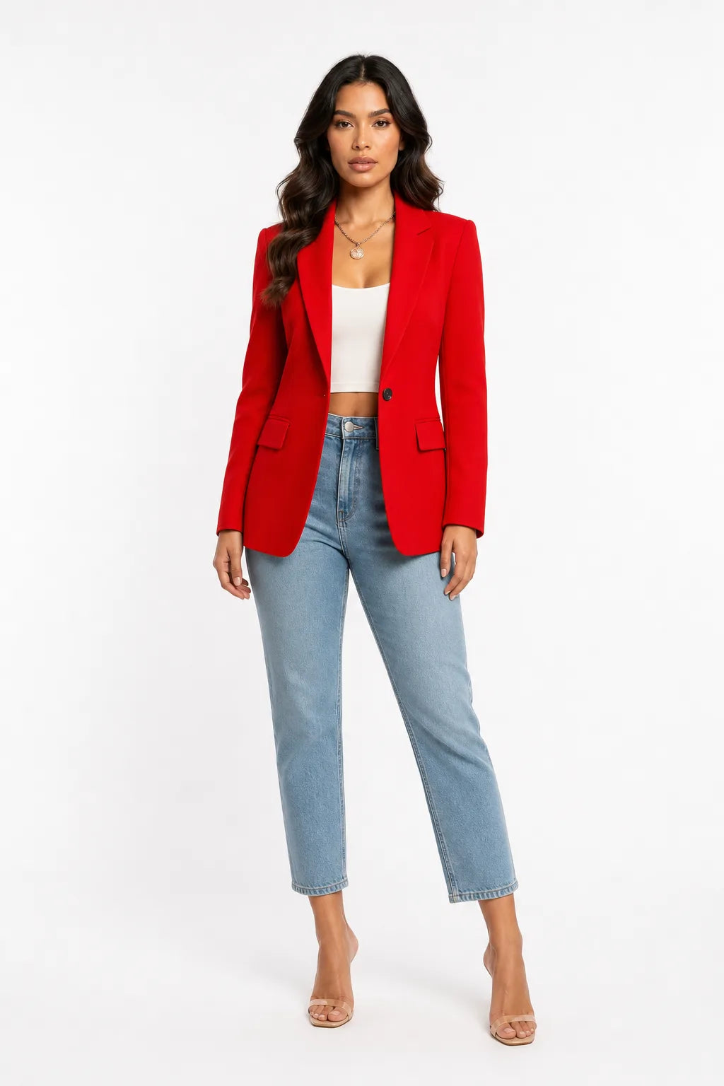 Red tailored notch lapel blazer on a model in a contrapposto stance