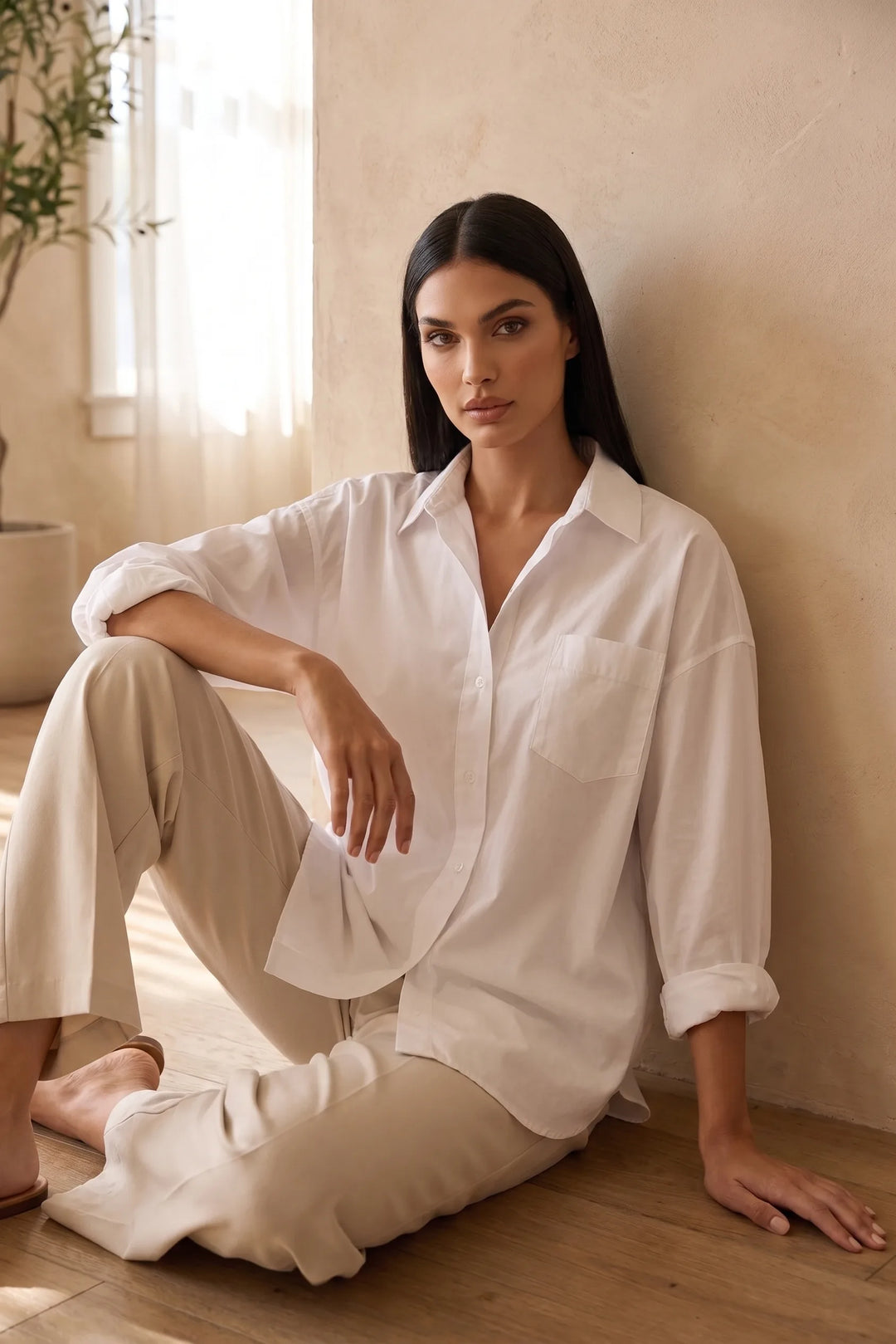 Model wearing white oversized button-down shirt in outdoor lifestyle setting