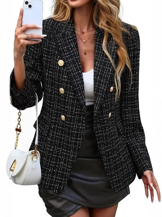 Black double breasted tweed blazer on model facing forward