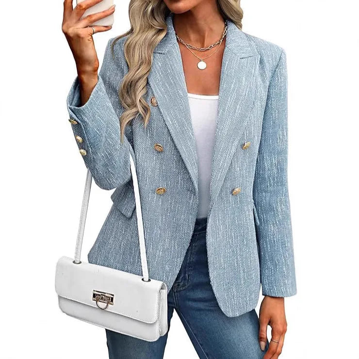 Black double breasted tweed blazer on model in three-quarter turn