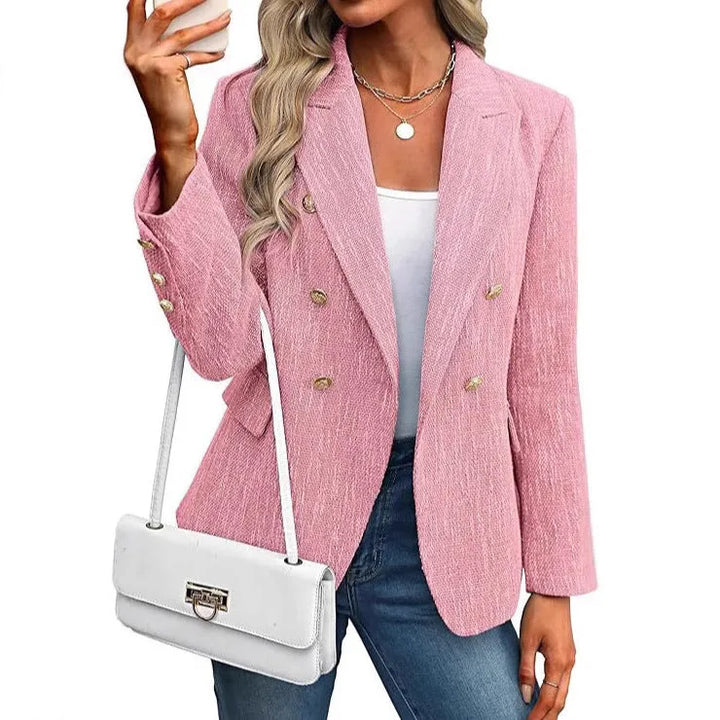 Black double breasted tweed blazer on model, styled full look
