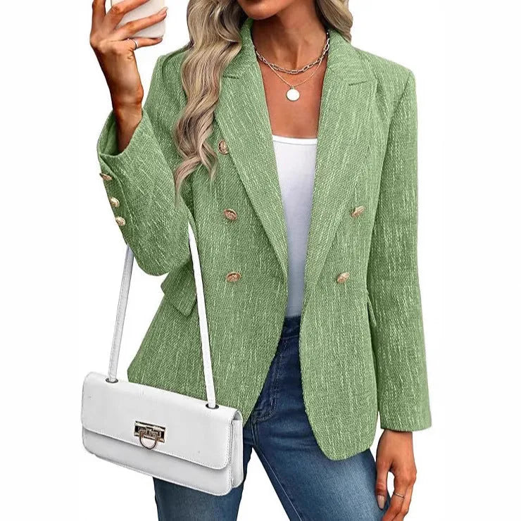 Black double breasted tweed blazer on model, alternate styling view