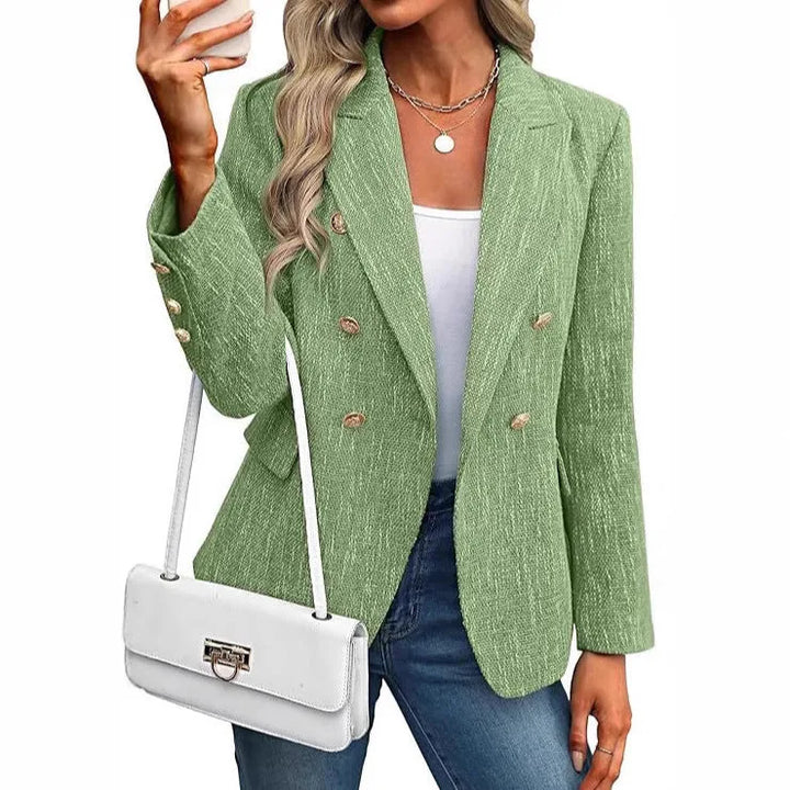 Black double breasted tweed blazer on model, alternate styling view