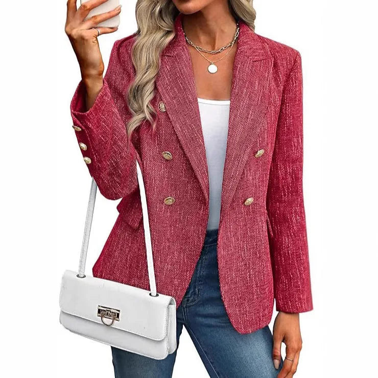 Black double breasted tweed blazer on model, additional angle