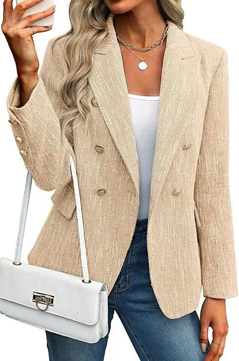 Khaki double breasted tweed blazer on model