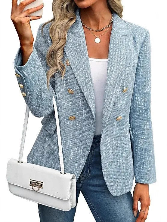 Light blue double breasted tweed blazer on model