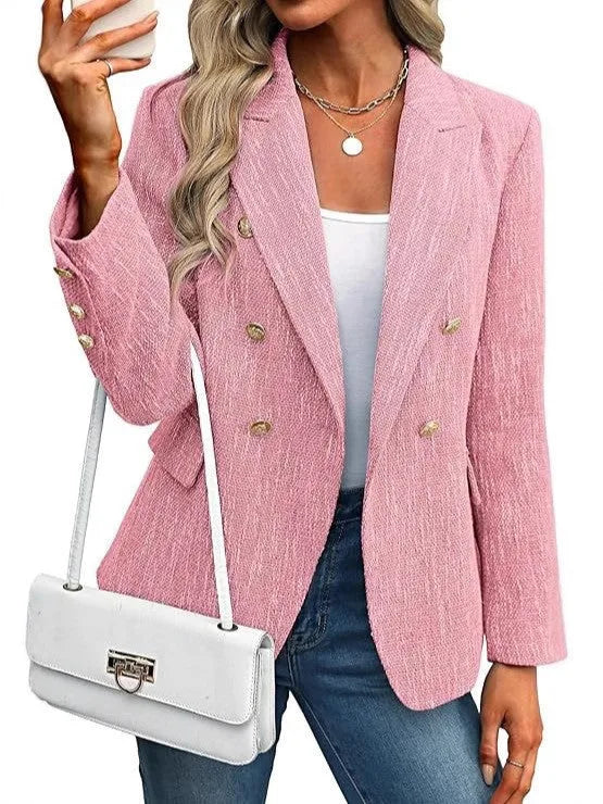 Light pink double breasted tweed blazer on model