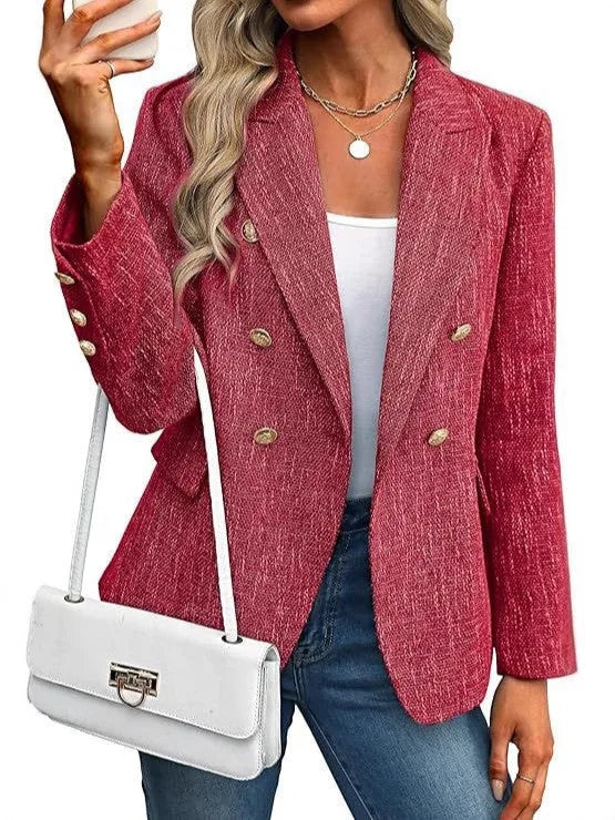 Red double breasted tweed blazer on model from side view