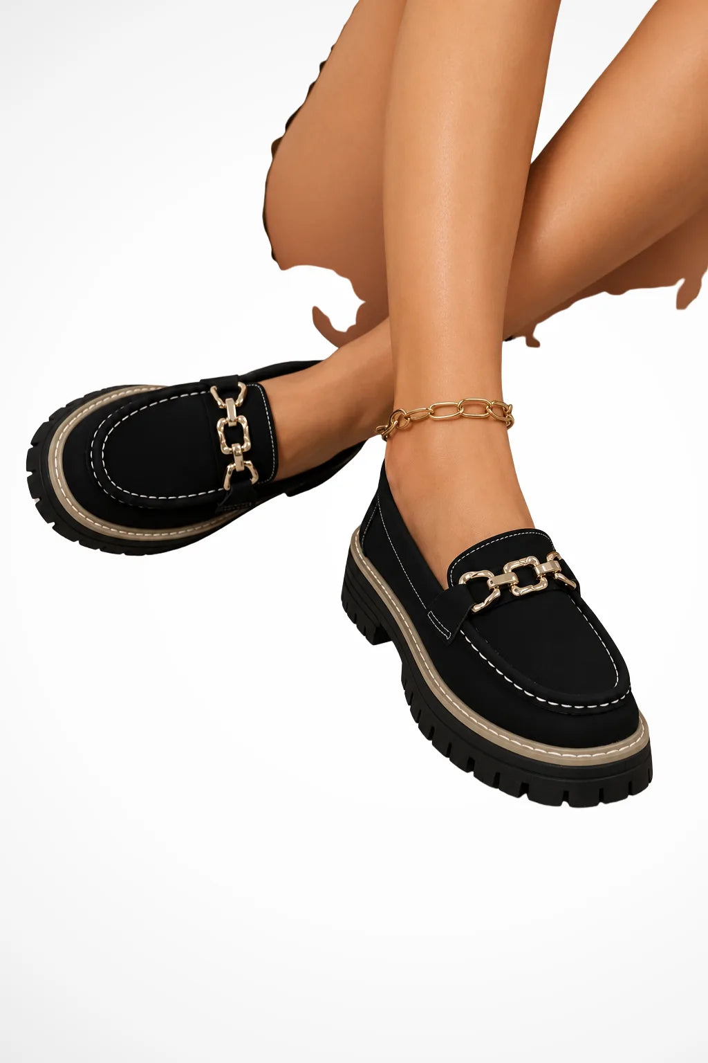 Black lug sole loafer with gold chain detail, front view
