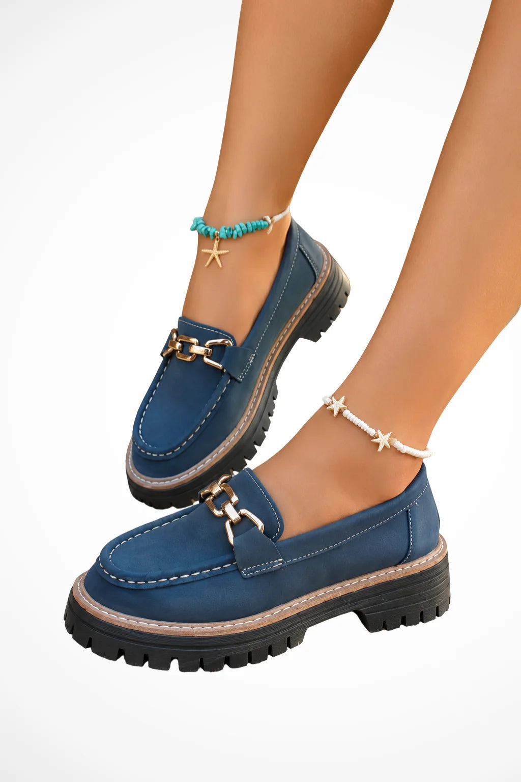 Blue lug sole loafer with gold chain detail, front view