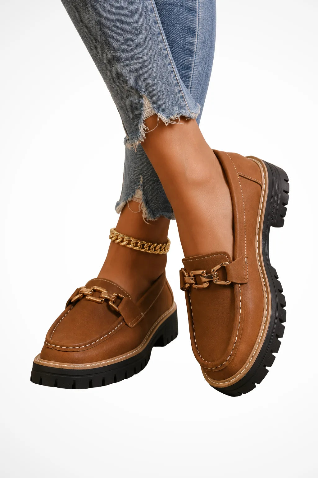 Brown lug sole loafer with gold chain detail, front view