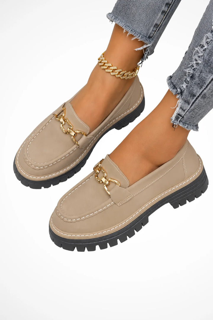 Khaki lug sole loafer with gold chain detail, front view