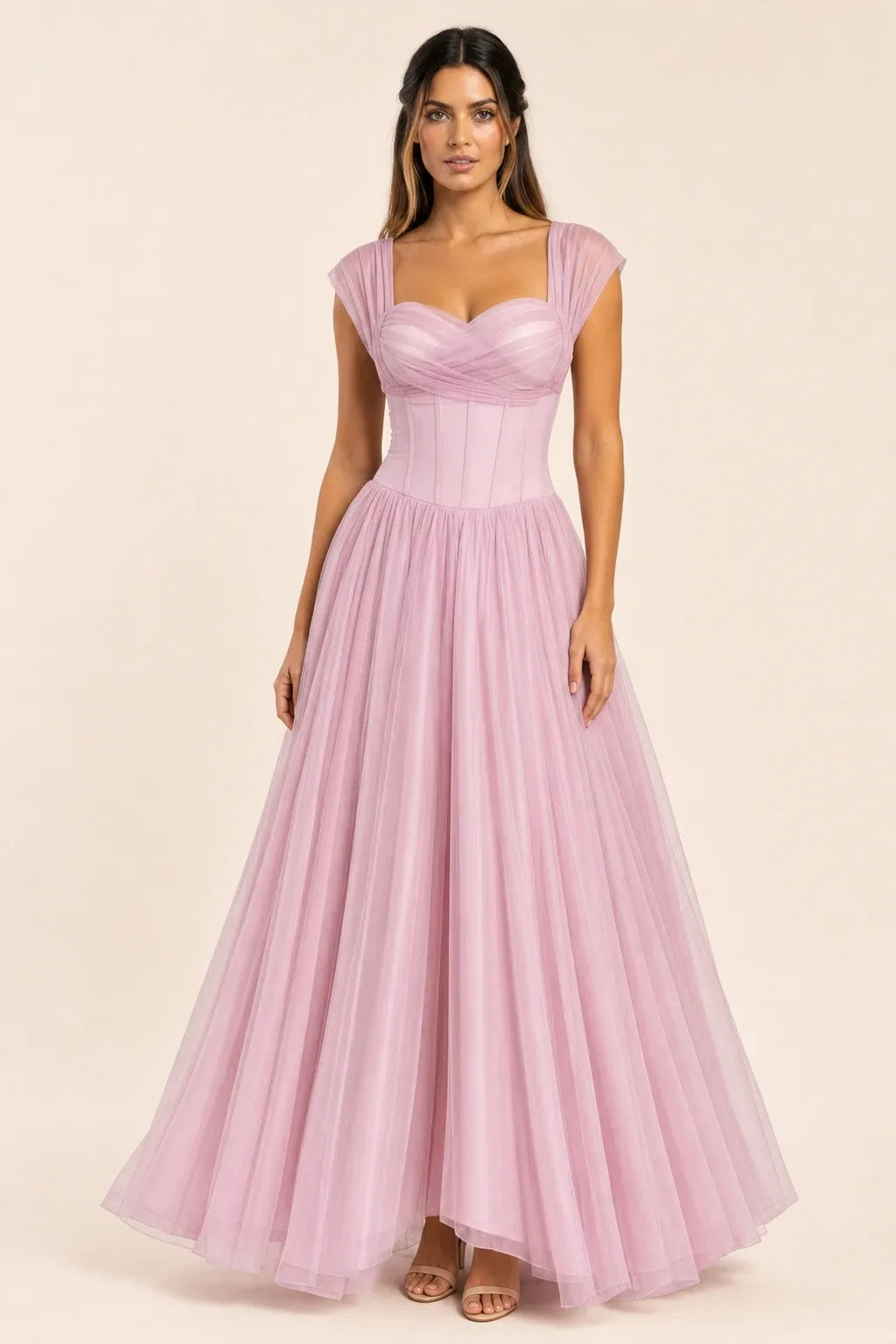 Pink corset tulle midi dress on model in contrapposto stance