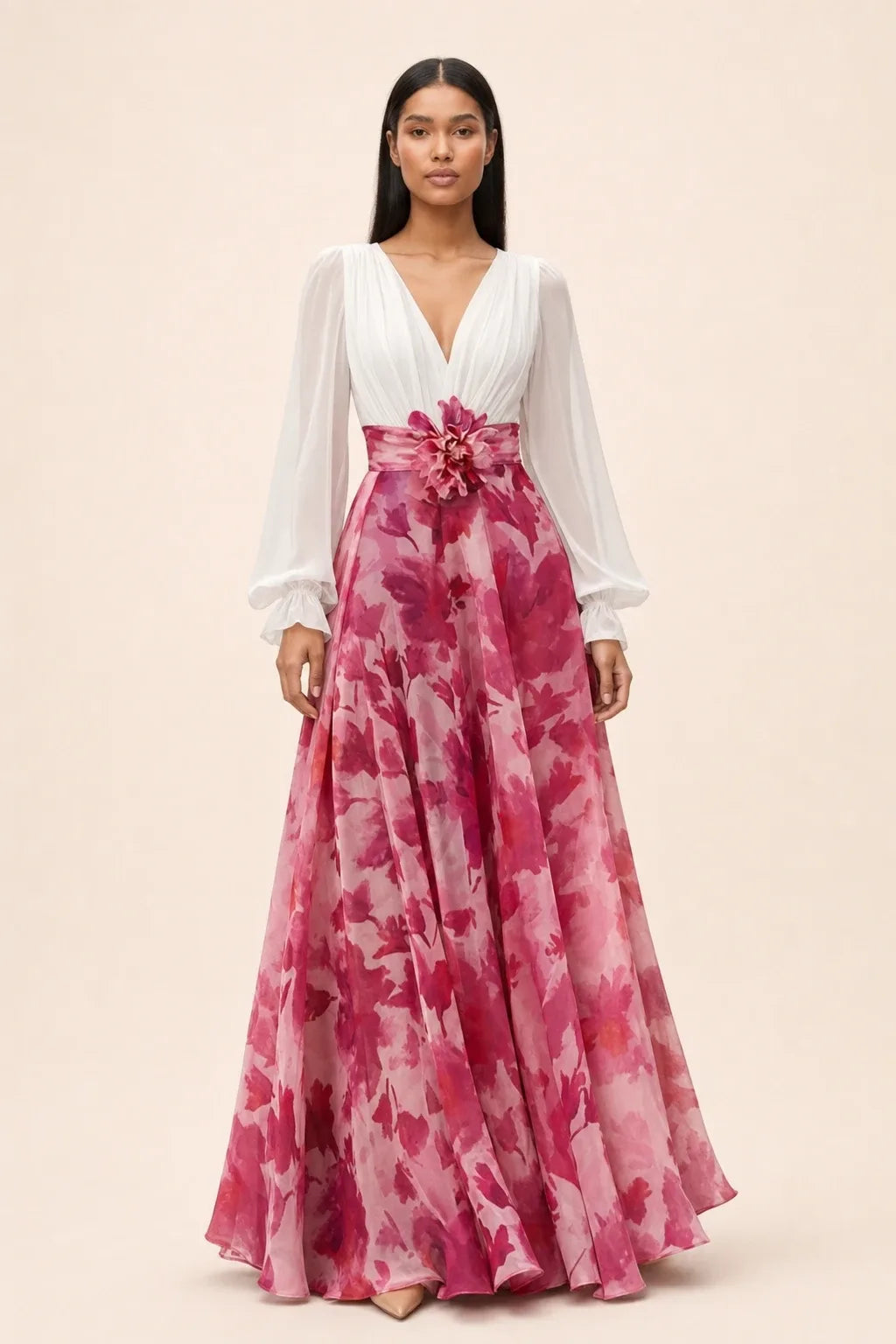 White and wine red floral maxi dress with balloon sleeves on a model in a contrapposto stance