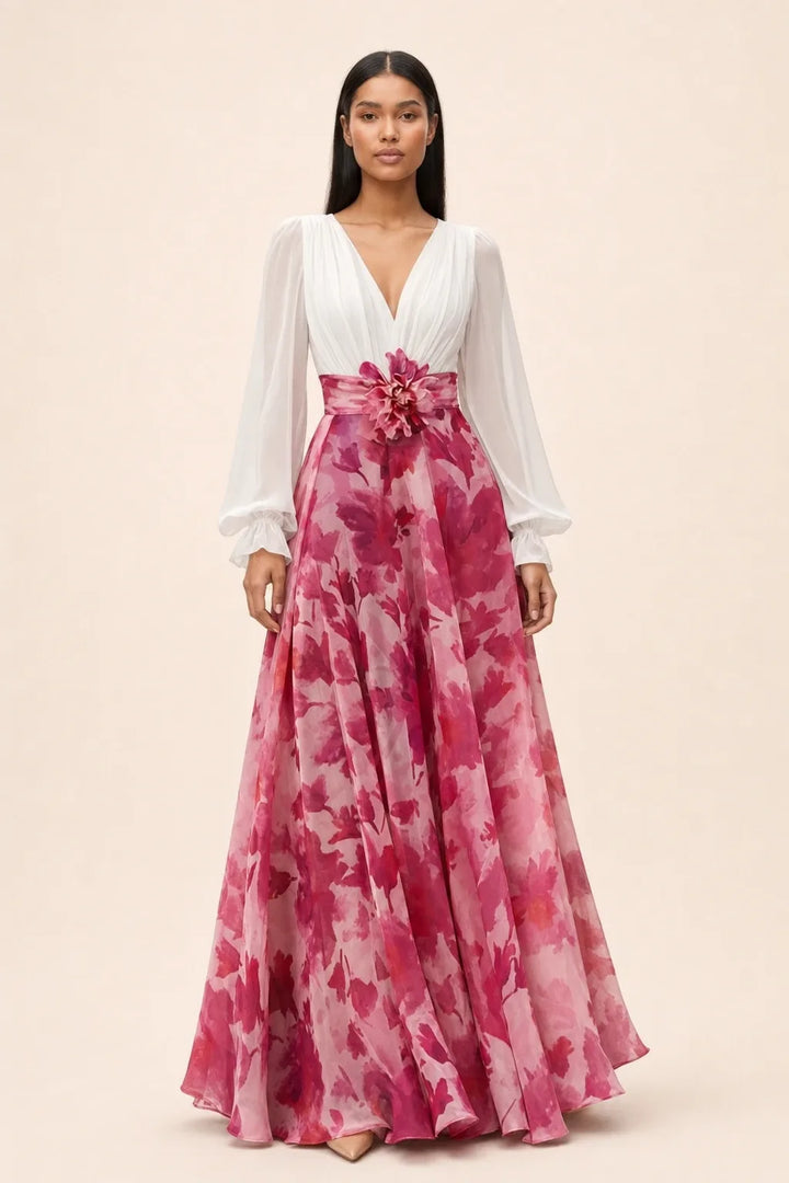 White and wine red floral maxi dress with balloon sleeves on a model in a contrapposto stance