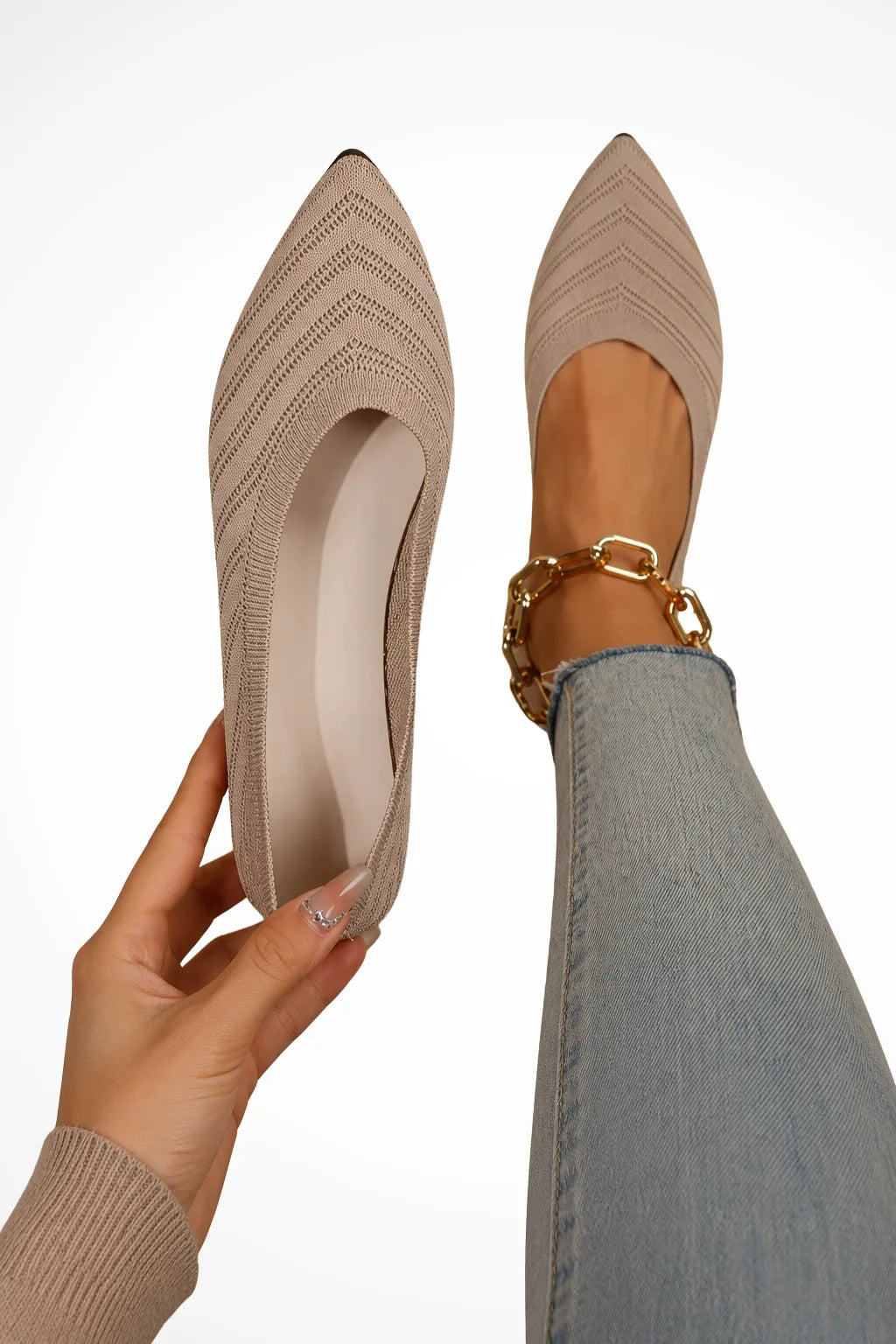Apricot pointed toe ballet flat, front view