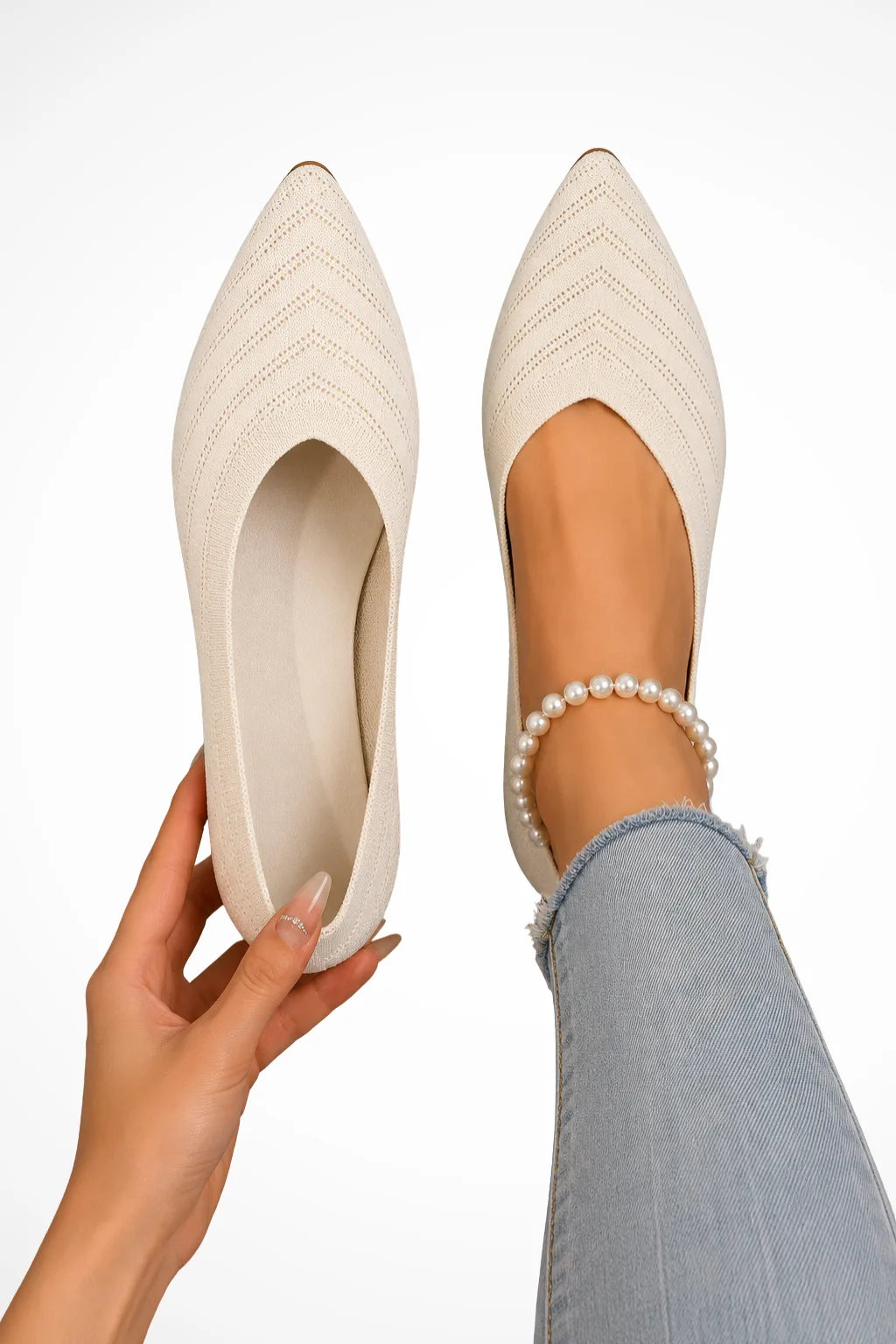 Beige pointed toe ballet flat, front view