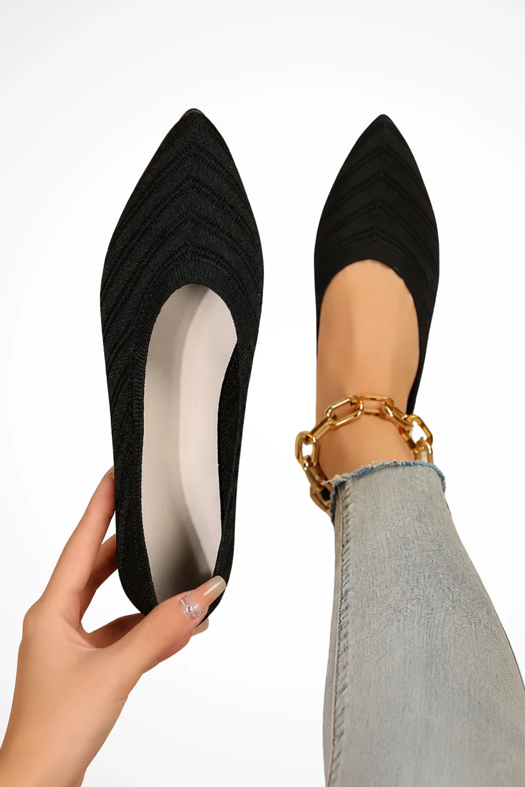 Black pointed toe ballet flat, front view