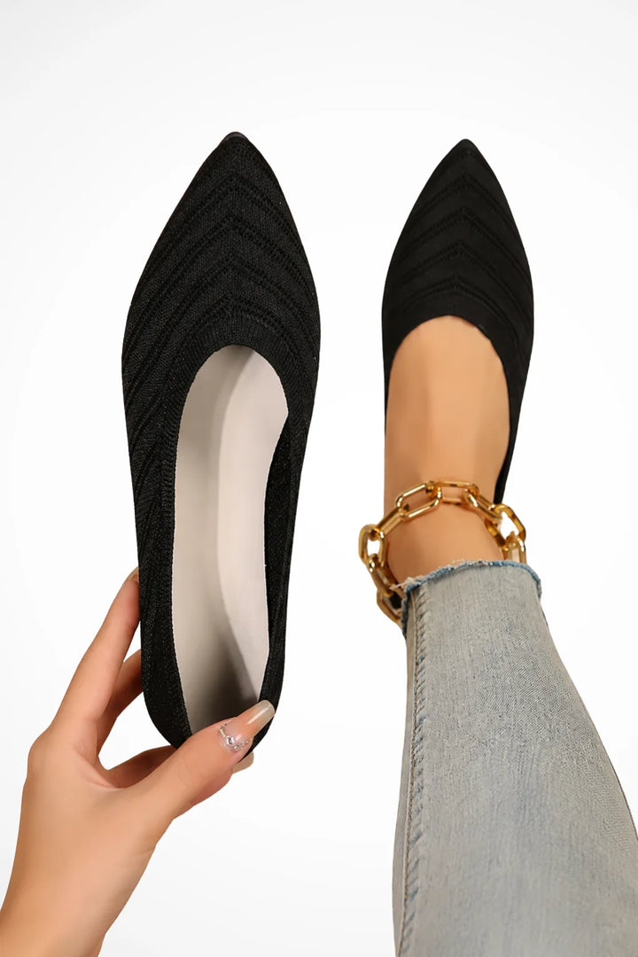 Black pointed toe ballet flat, front view
